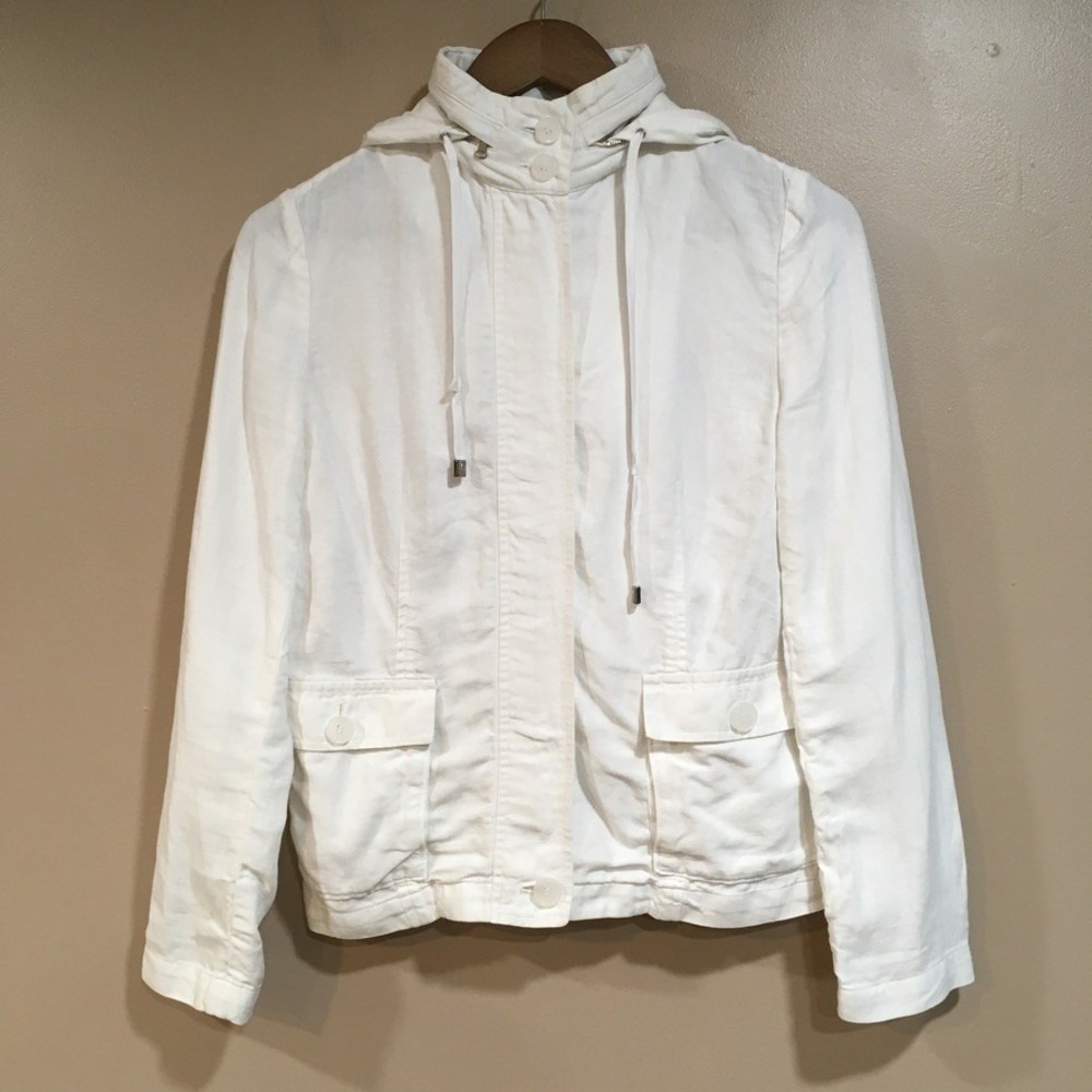 Talbots Full Zip Lighweight Linen Jacket Womens 4P White Coastal Hideaway Hood